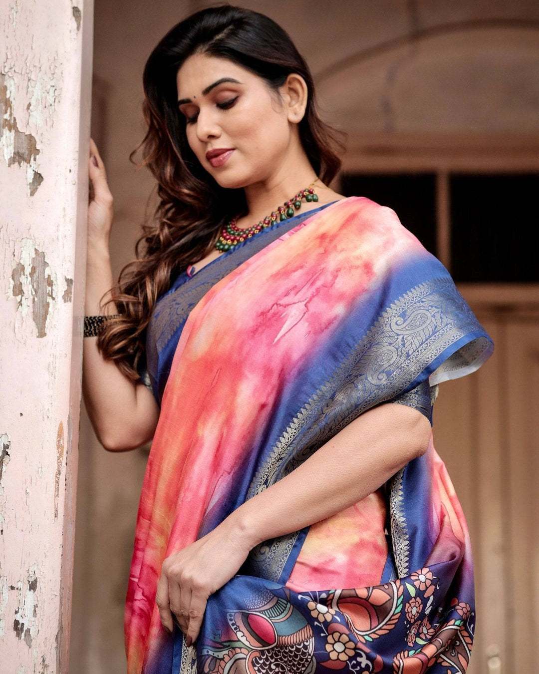 Pink and Blue Digital Printed Saree with Peacock Motif and Tassel Detail