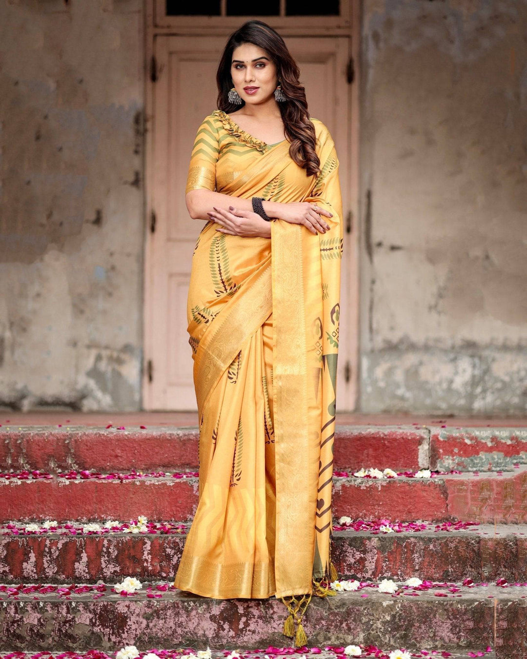 Golden Yellow Digital Printed Saree with Abstract Patterns and Tassel Detailing