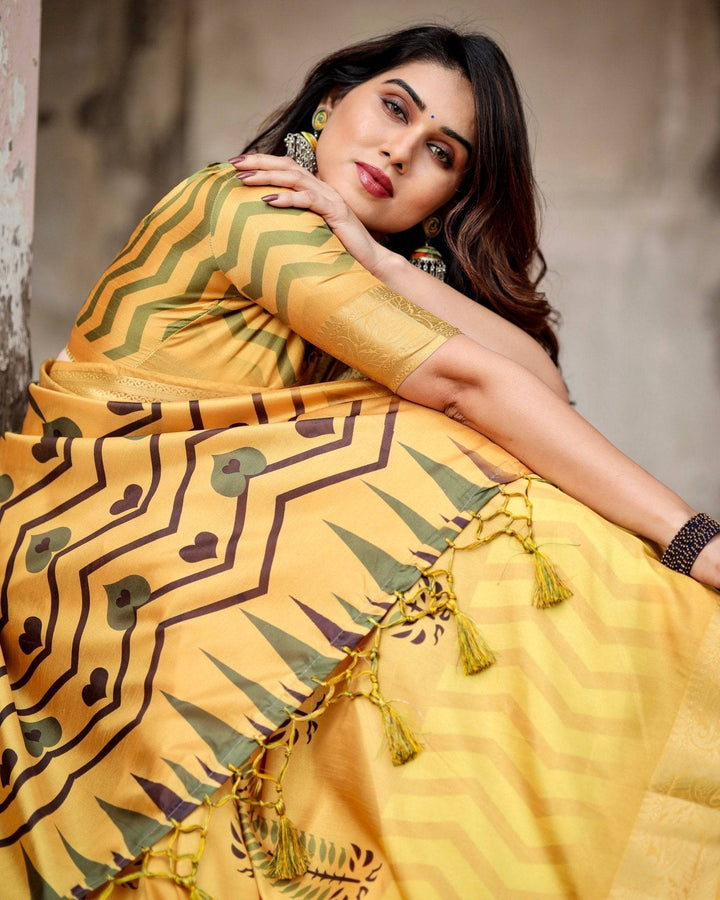 Golden Yellow Digital Printed Saree with Abstract Patterns and Tassel Detailing