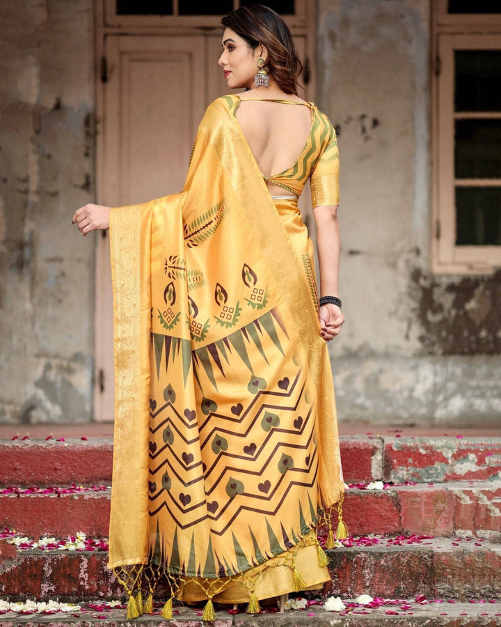 Golden Yellow Digital Printed Saree with Abstract Patterns and Tassel Detailing