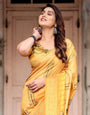 Golden Yellow Digital Printed Saree with Abstract Patterns and Tassel Detailing