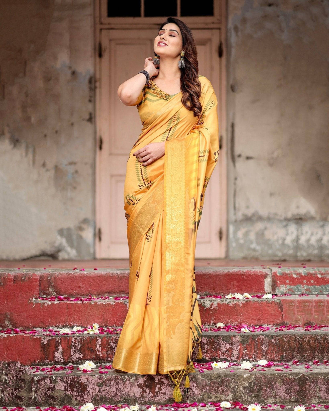 Golden Yellow Digital Printed Saree with Abstract Patterns and Tassel Detailing