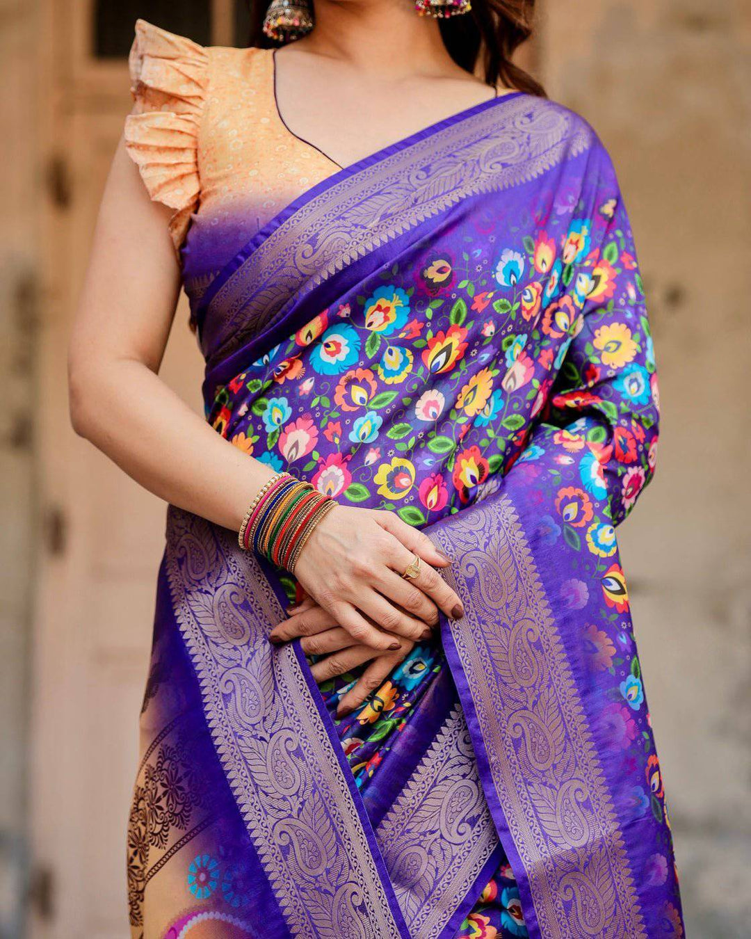 Royal Purple Tussar Silk Saree with Vibrant Floral Print and Peacock Motif Pallu