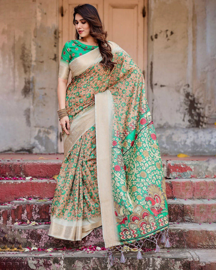 Emerald Green and Gold Tussar Silk Saree with Floral and Ornamental Motifs