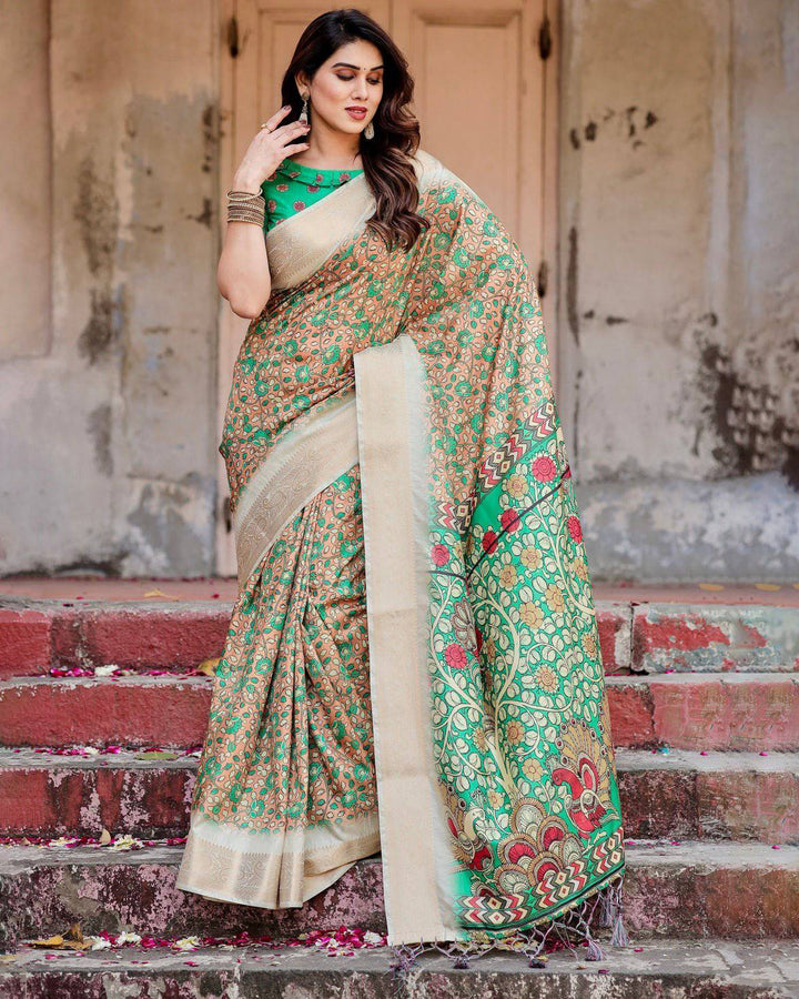 Emerald Green and Gold Tussar Silk Saree with Floral and Ornamental Motifs