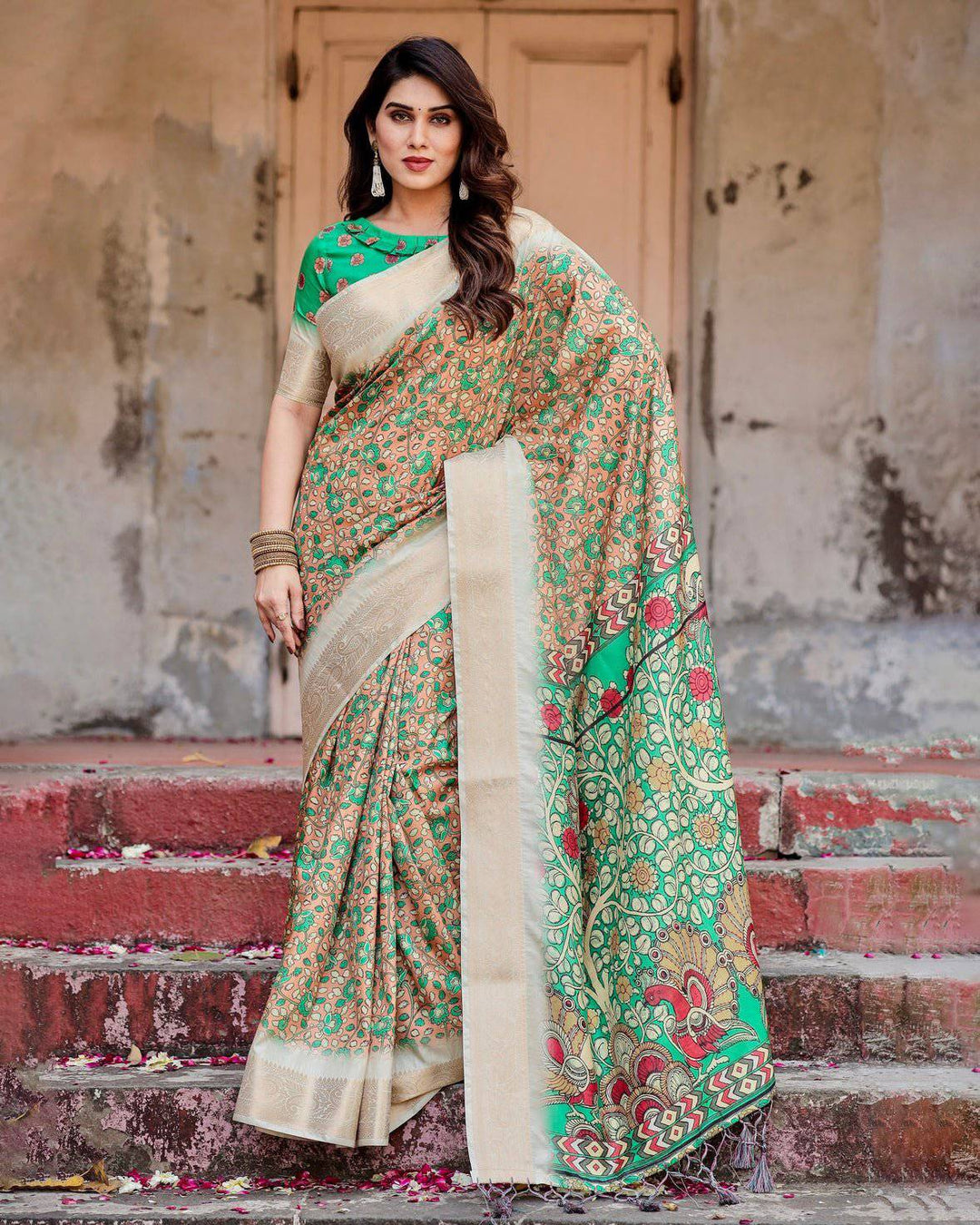 Emerald Green and Gold Tussar Silk Saree with Floral and Ornamental Motifs