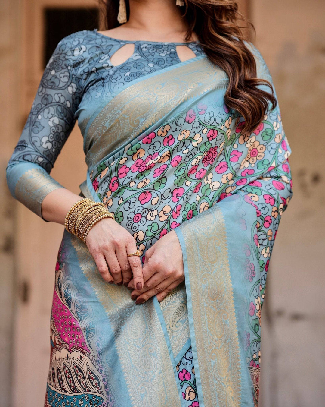 Sky Blue Tussar Silk Saree with Floral Weaves and Ornamental Pallu Design