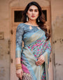 Sky Blue Tussar Silk Saree with Floral Weaves and Ornamental Pallu Design