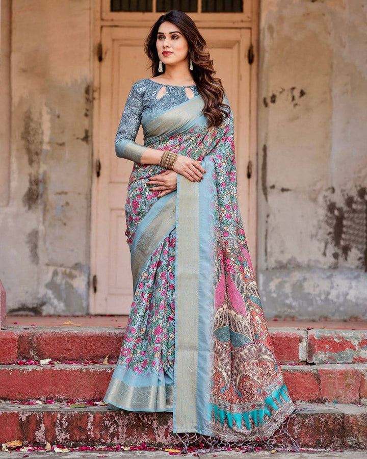 Sky Blue Tussar Silk Saree with Floral Weaves and Ornamental Pallu Design