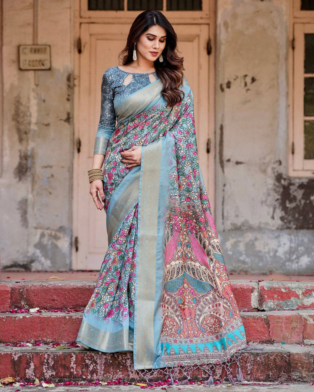 Sky Blue Tussar Silk Saree with Floral Weaves and Ornamental Pallu Design