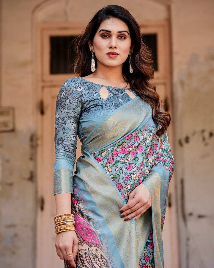 Sky Blue Tussar Silk Saree with Floral Weaves and Ornamental Pallu Design