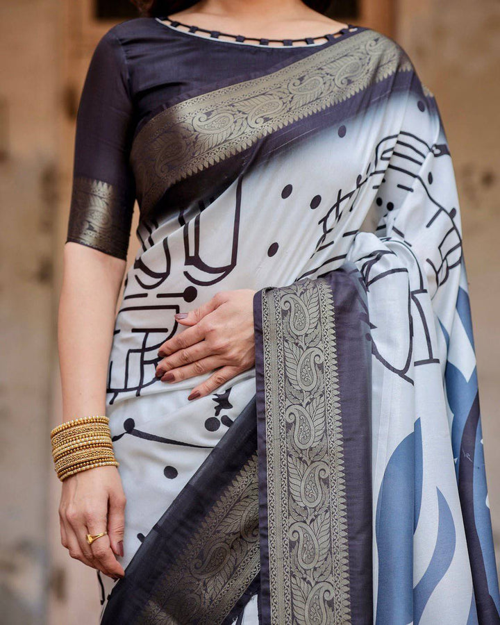 Monochrome Abstract Tussar Silk Saree with Charcoal Gray Zari Border