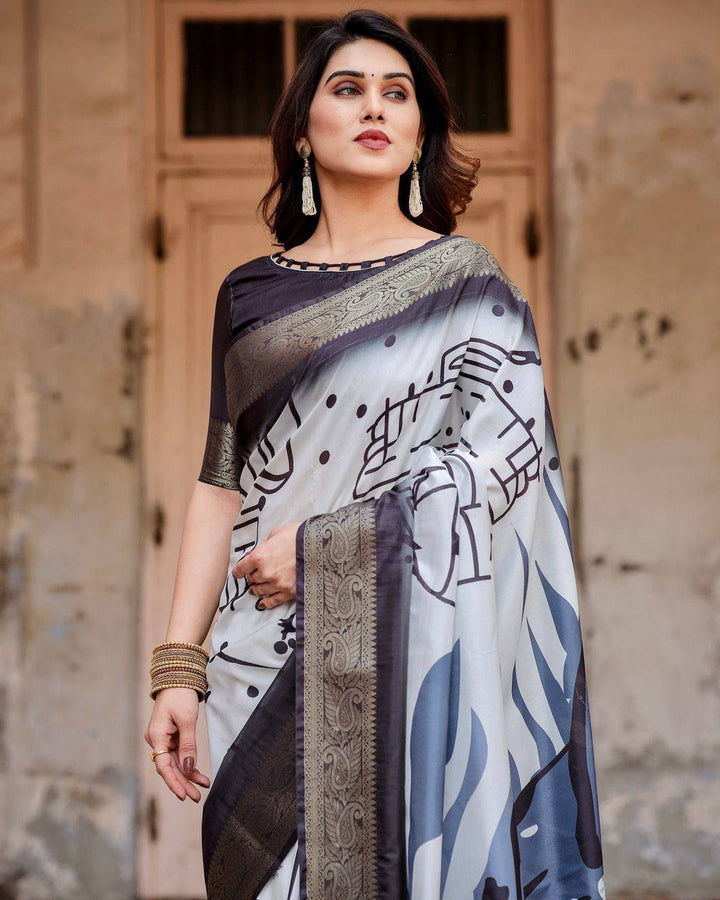 Monochrome Abstract Tussar Silk Saree with Charcoal Gray Zari Border