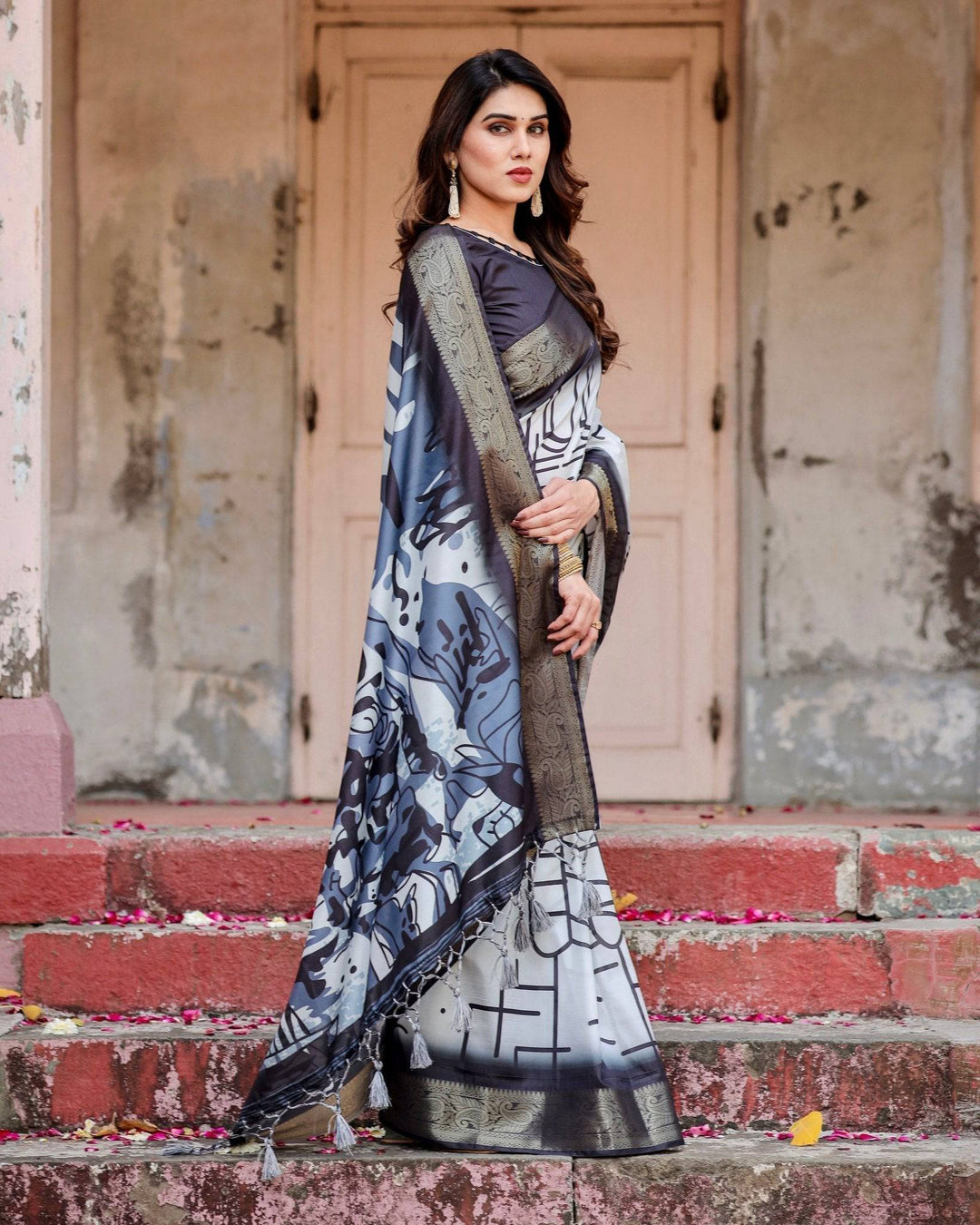 Monochrome Abstract Tussar Silk Saree with Charcoal Gray Zari Border