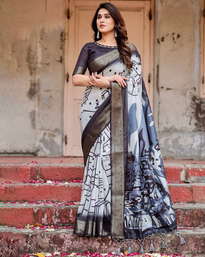 Monochrome Abstract Tussar Silk Saree with Charcoal Gray Zari Border