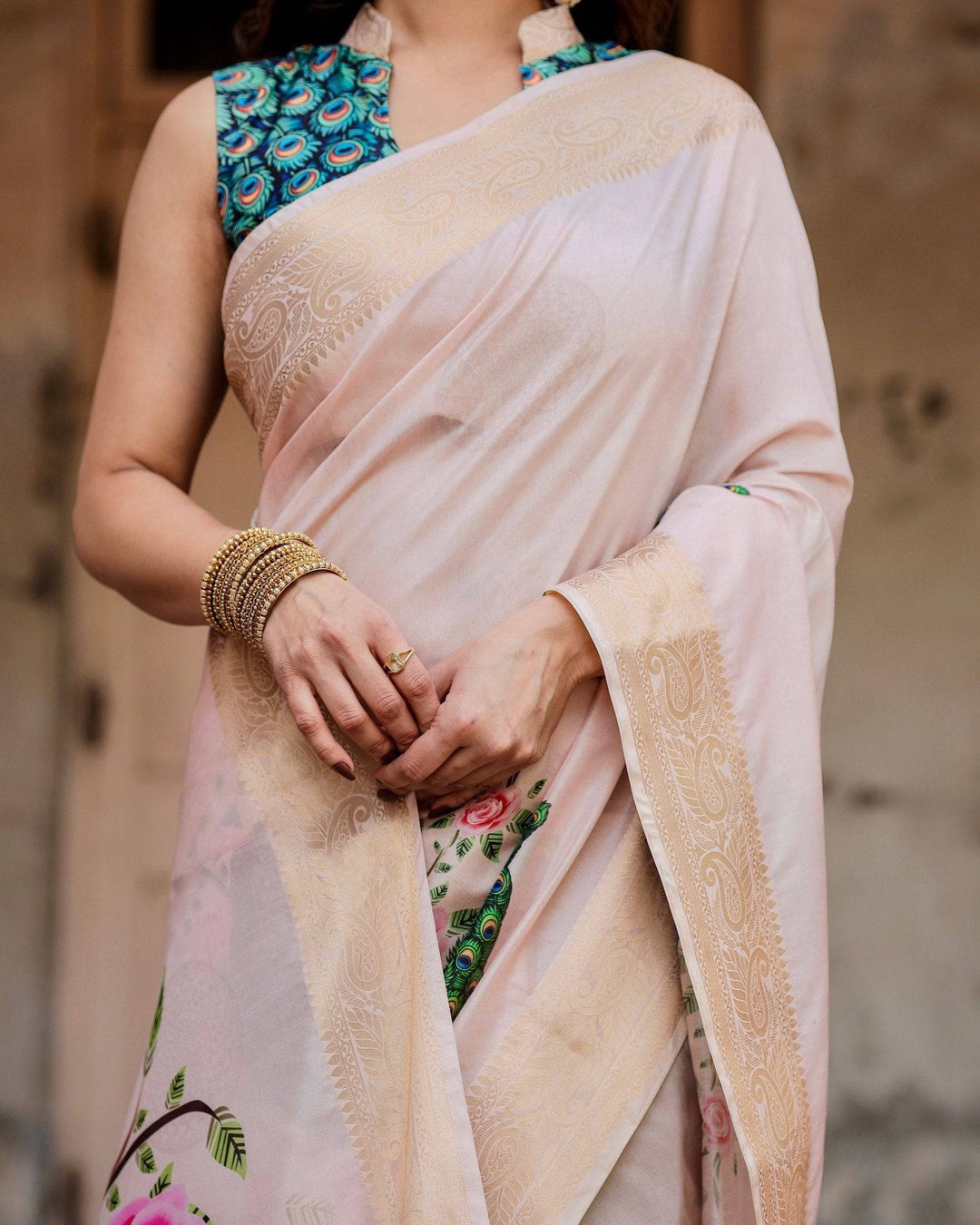 Soft Pastel Pink Tussar Silk Saree with Hand-Painted Peacock and Floral Motifs