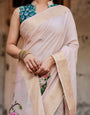 Soft Pastel Pink Tussar Silk Saree with Hand-Painted Peacock and Floral Motifs