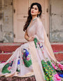 Soft Pastel Pink Tussar Silk Saree with Hand-Painted Peacock and Floral Motifs