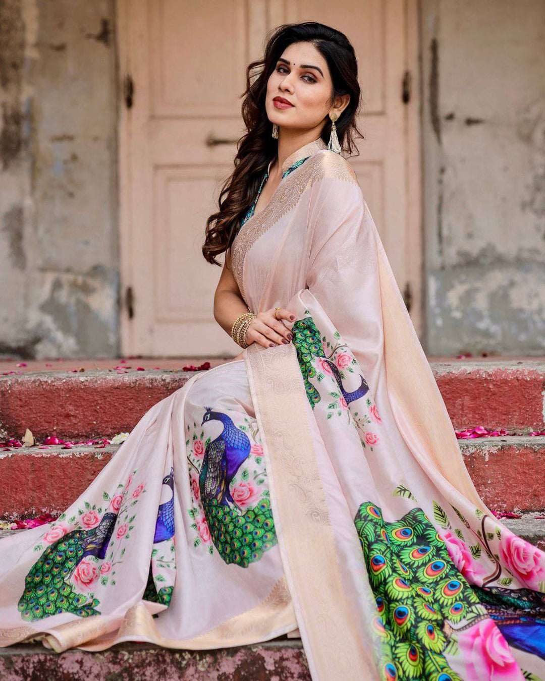 Soft Pastel Pink Tussar Silk Saree with Hand-Painted Peacock and Floral Motifs