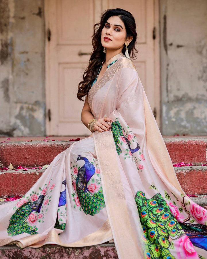 Soft Pastel Pink Tussar Silk Saree with Hand-Painted Peacock and Floral Motifs