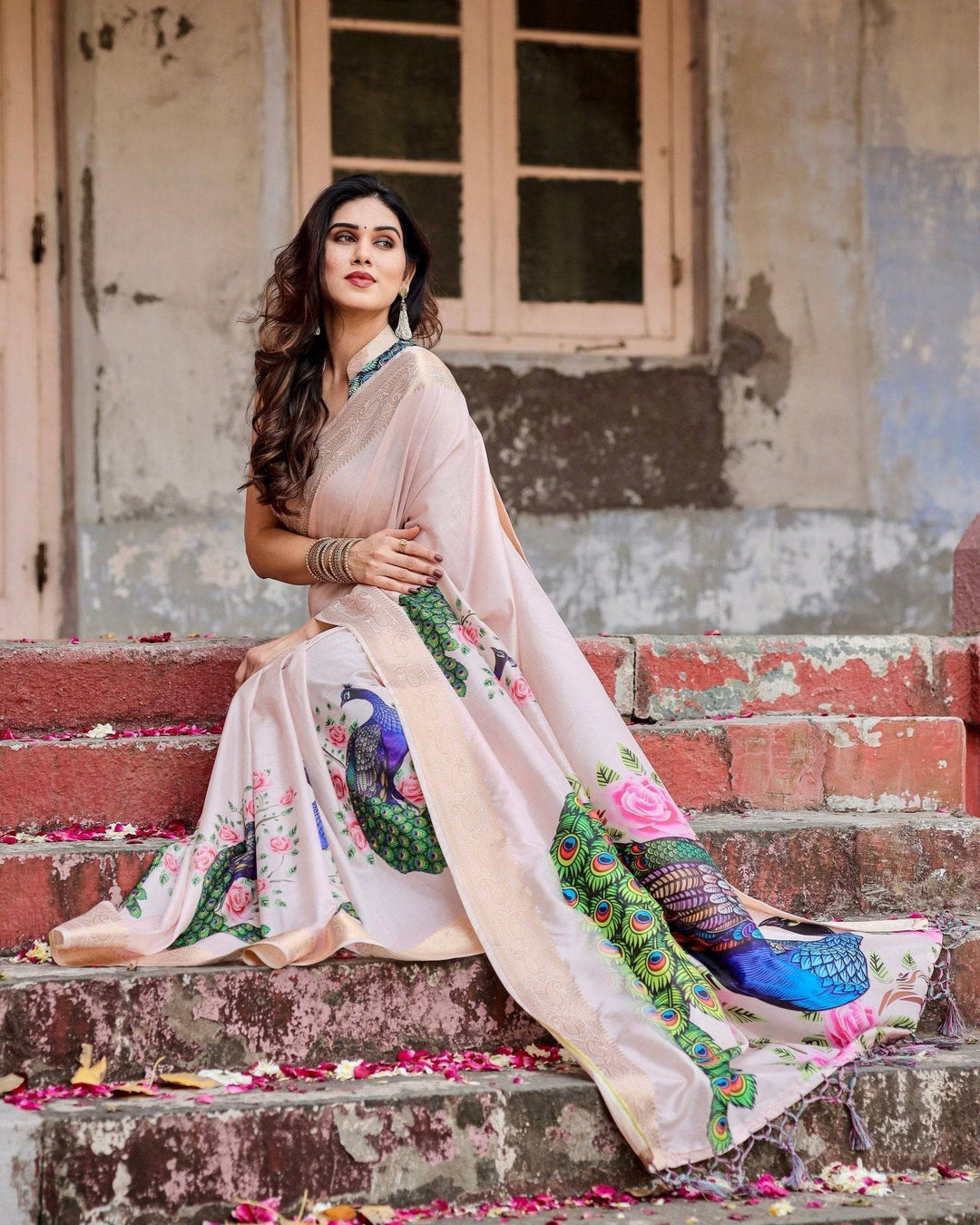 Soft Pastel Pink Tussar Silk Saree with Hand-Painted Peacock and Floral Motifs