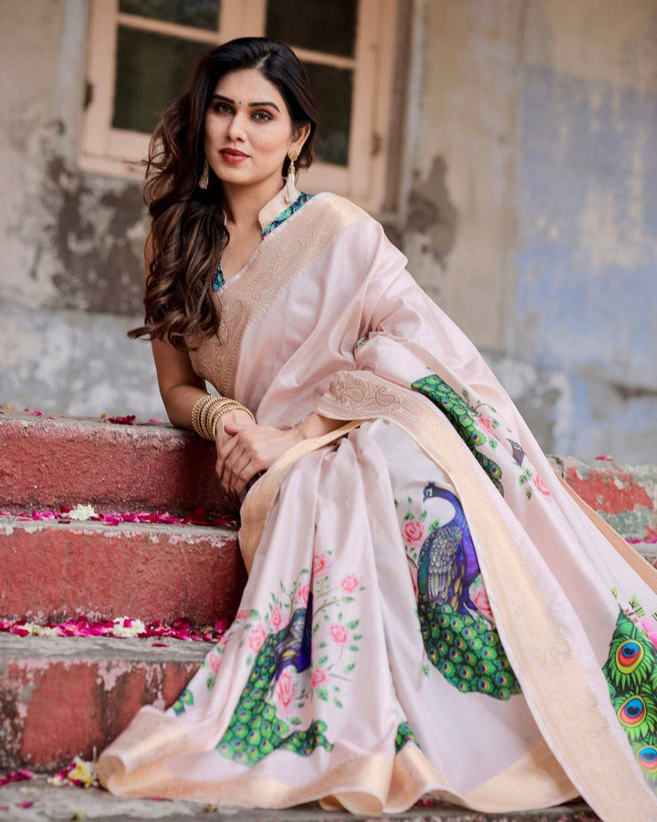 Soft Pastel Pink Tussar Silk Saree with Hand-Painted Peacock and Floral Motifs