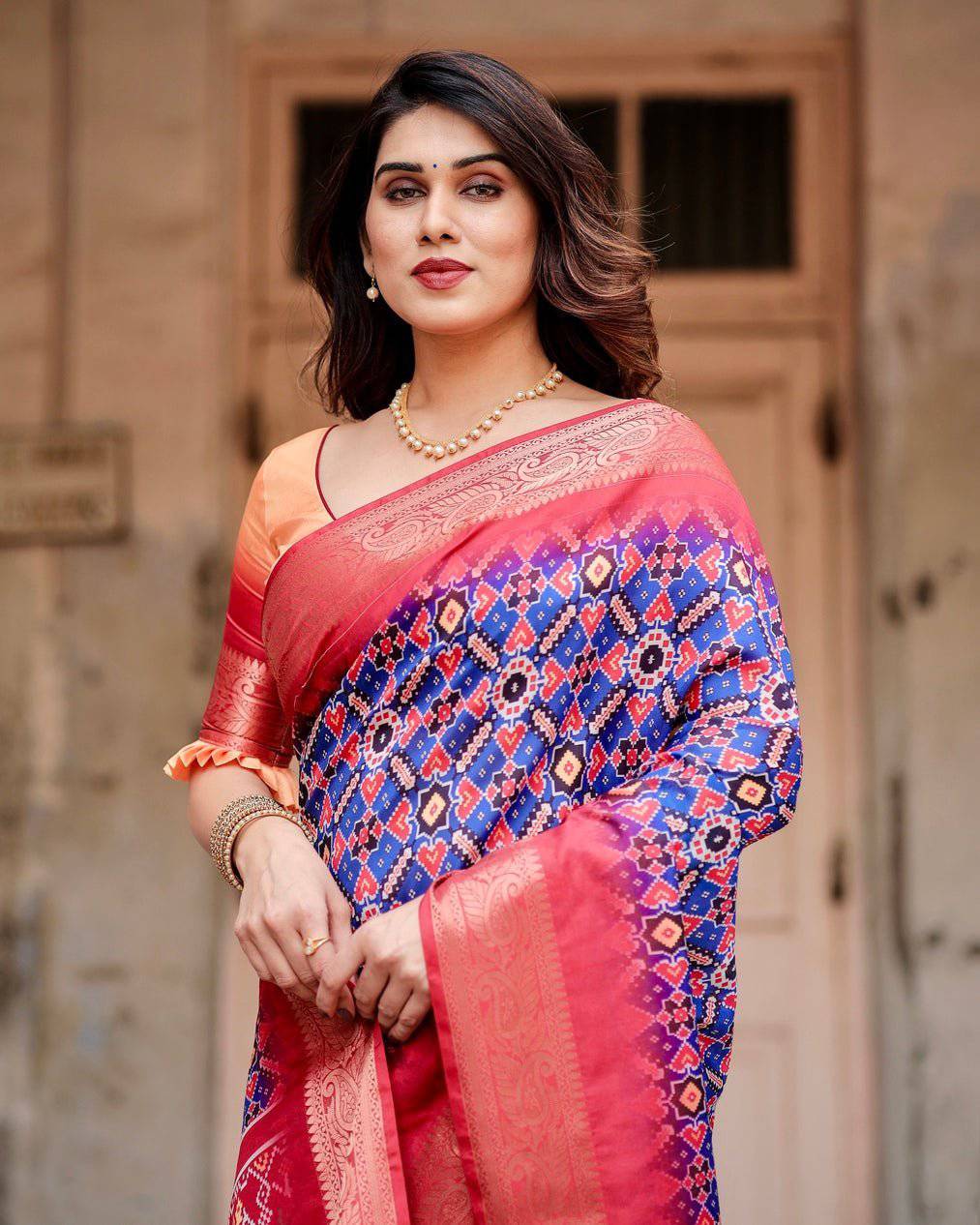 Royal Blue and Red Tussar Silk Saree with Geometric Patterns and Ornate Zari Border