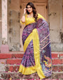 Purple and Yellow Tussar Silk Saree with Artistic Peacock Pallu and Zari Border