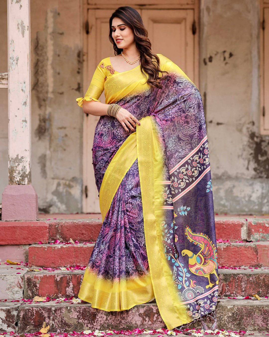 Purple and Yellow Tussar Silk Saree with Artistic Peacock Pallu and Zari Border