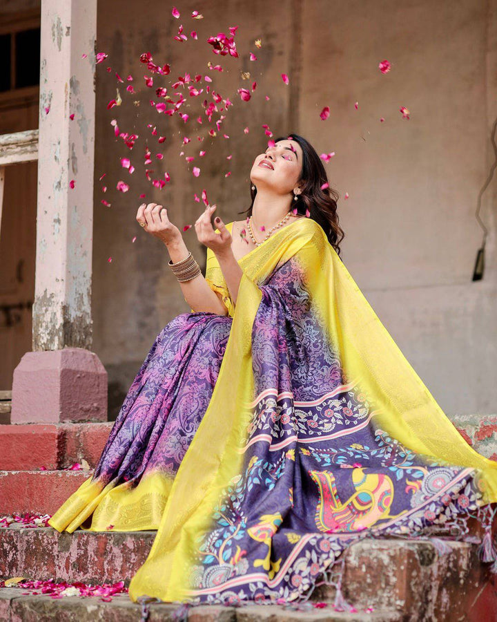 Purple and Yellow Tussar Silk Saree with Artistic Peacock Pallu and Zari Border