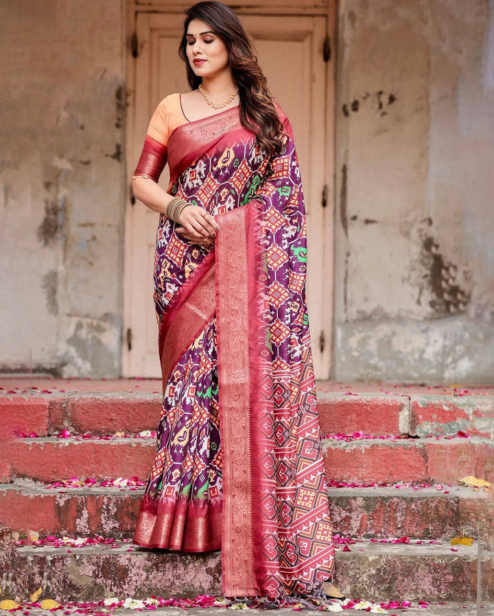 Wine Purple Tussar Silk Saree with Ikat-Inspired Patterns and Rich Zari Border