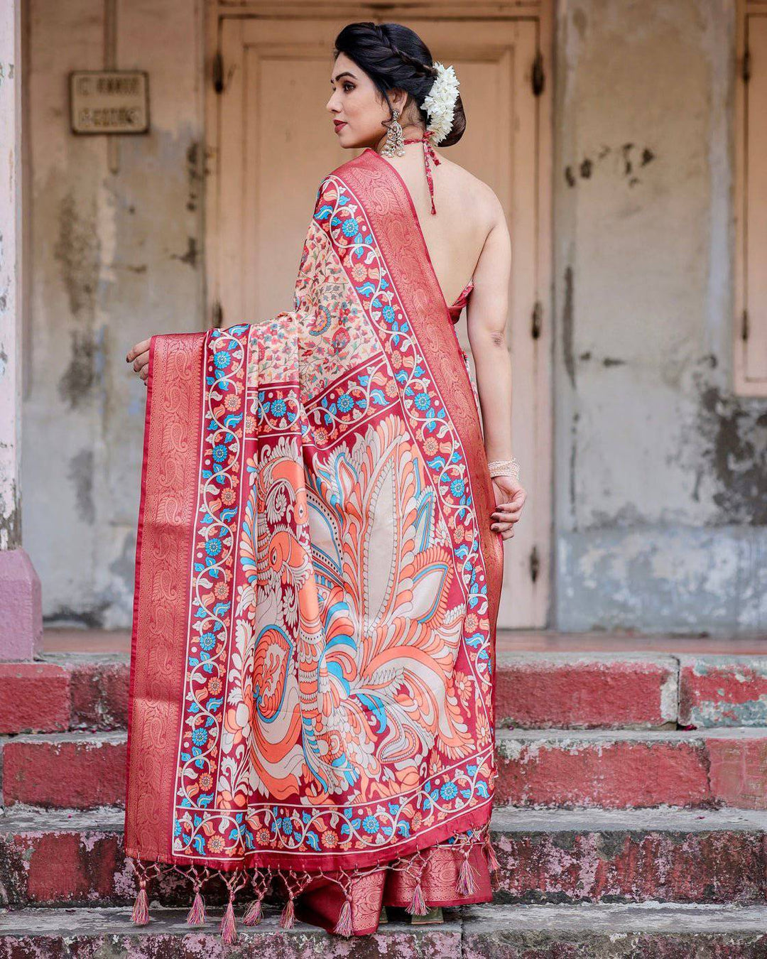 Beige and Coral Tussar Silk Saree with Intricate Floral Prints and Artistic Pallu