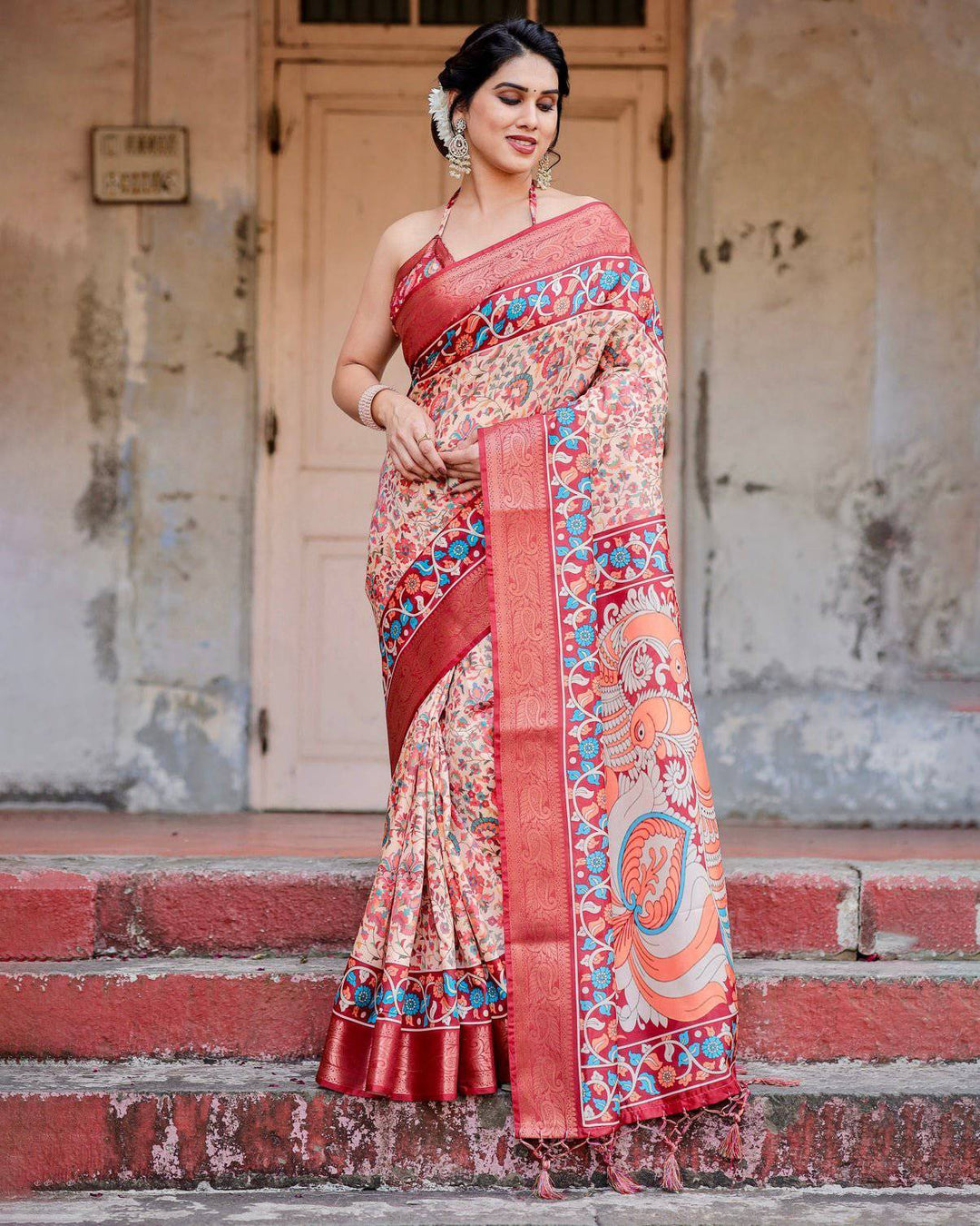 Beige and Coral Tussar Silk Saree with Intricate Floral Prints and Artistic Pallu