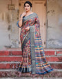 Multicolor Tussar Silk Saree with Vibrant Floral Weaves and Striped Pallu