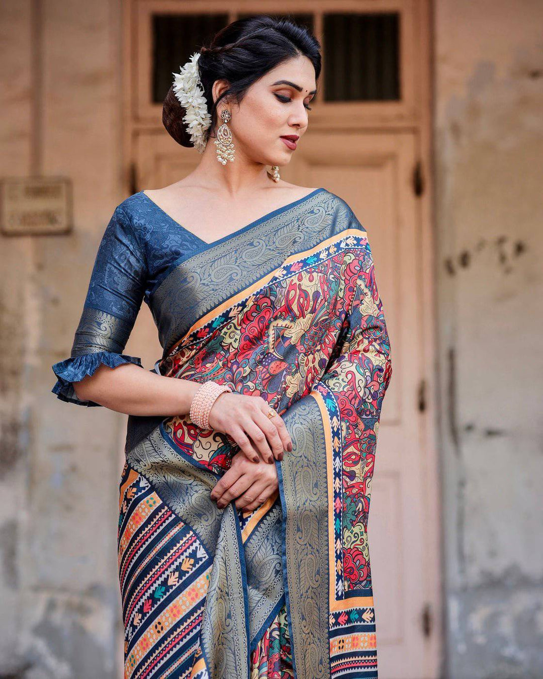 Multicolor Tussar Silk Saree with Vibrant Floral Weaves and Striped Pallu