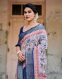 Ivory and Navy Blue Tussar Silk Saree with Floral Elegance and Ornamental Zari Work