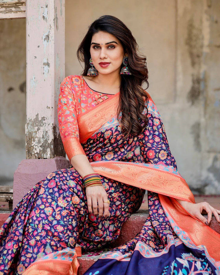 Navy Blue and Peach Tussar Silk Saree with Peacock Motifs and Floral Zari Border