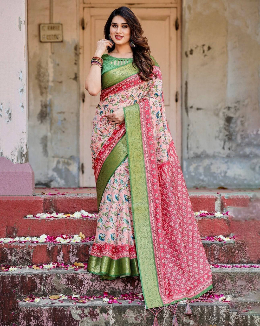 Blush Pink and Green Tussar Silk Saree with Floral Prints and Intricate Zari Work