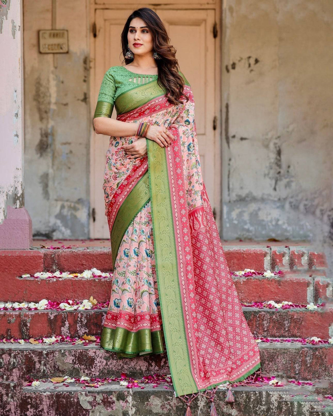 Blush Pink and Green Tussar Silk Saree with Floral Prints and Intricate Zari Work