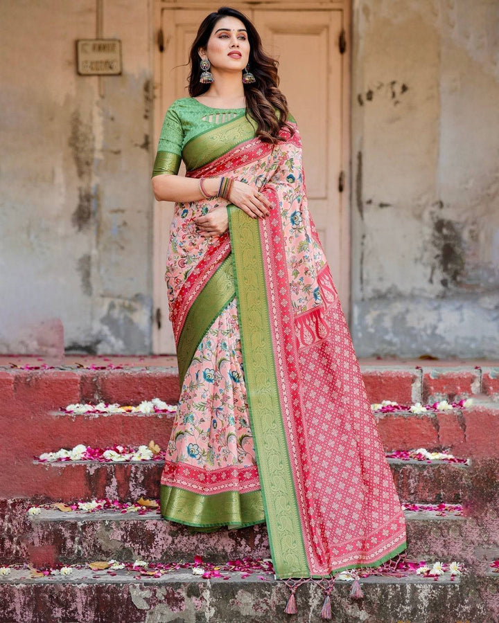 Blush Pink and Green Tussar Silk Saree with Floral Prints and Intricate Zari Work