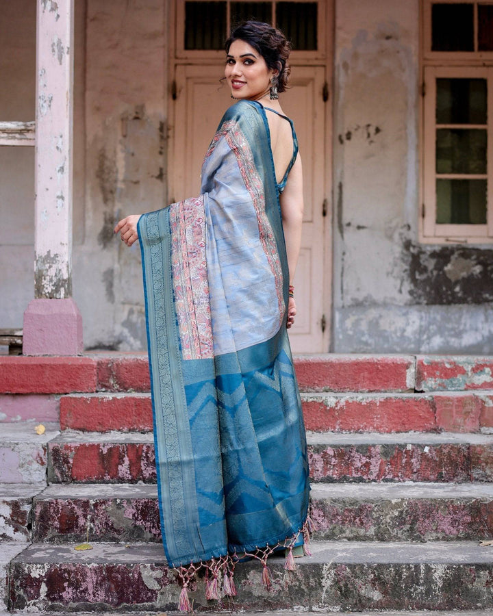 Elegant Blue and Beige Banarasi Silk Saree with Ornate Zari Weaving and Tassels