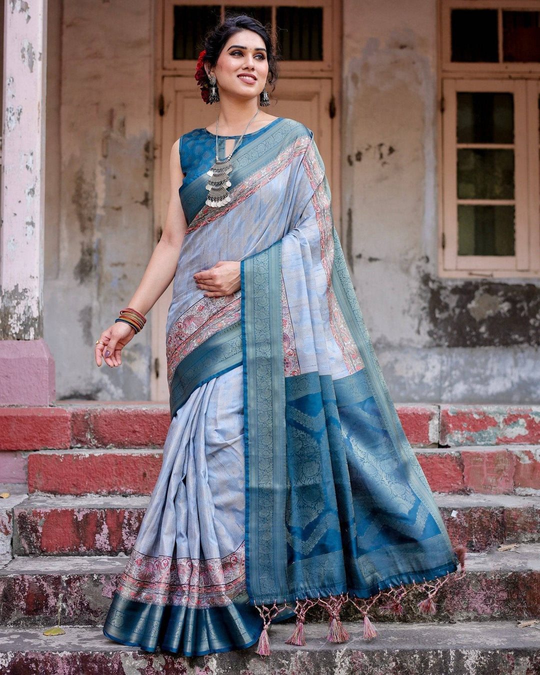 Elegant Blue and Beige Banarasi Silk Saree with Ornate Zari Weaving and Tassels