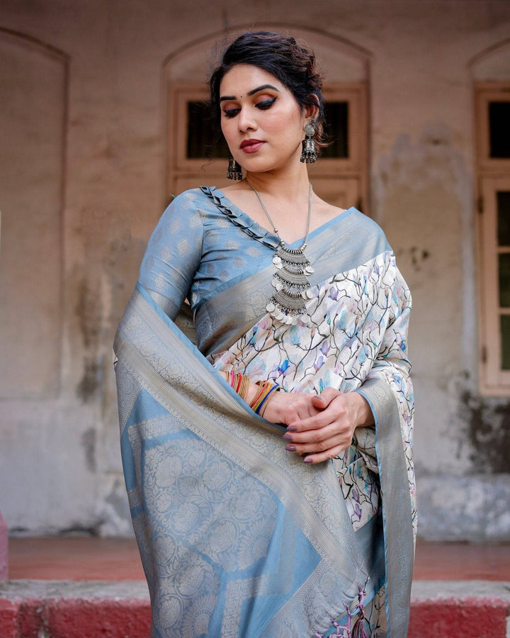 Elegant Light Blue Banarasi Silk Saree with Floral Design and Zari Weaved Pallu