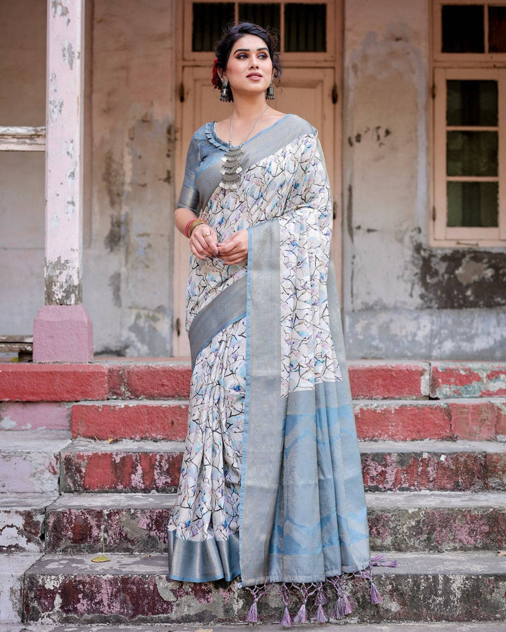 Elegant Light Blue Banarasi Silk Saree with Floral Design and Zari Weaved Pallu