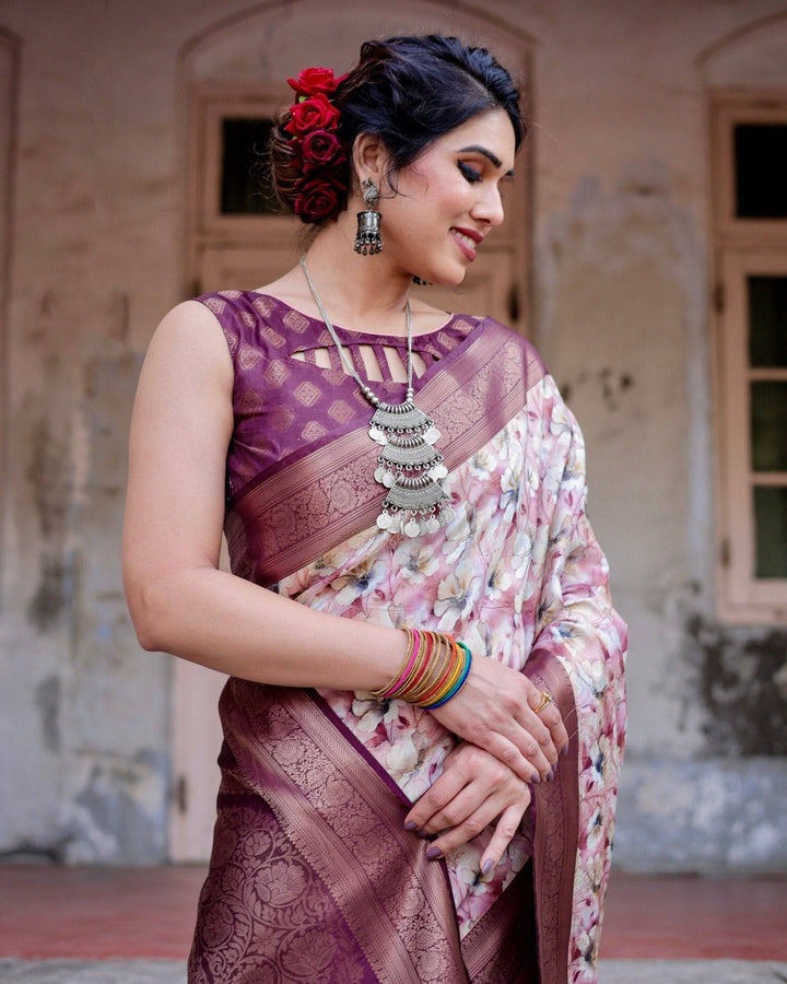 Elegant Wine Floral Banarasi Silk Saree with Zari Weave and Tassels