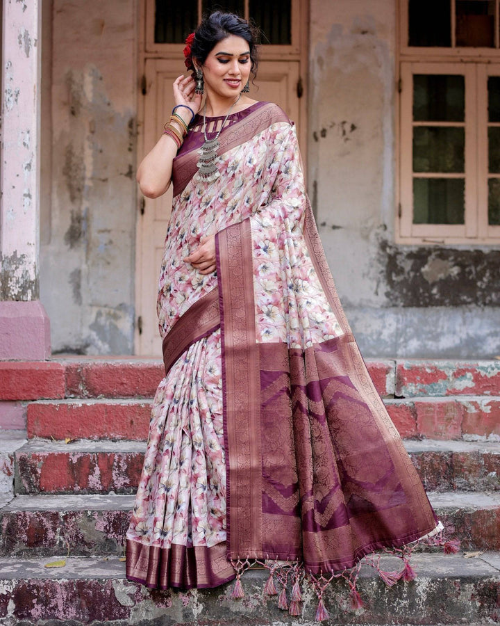 Elegant Wine Floral Banarasi Silk Saree with Zari Weave and Tassels