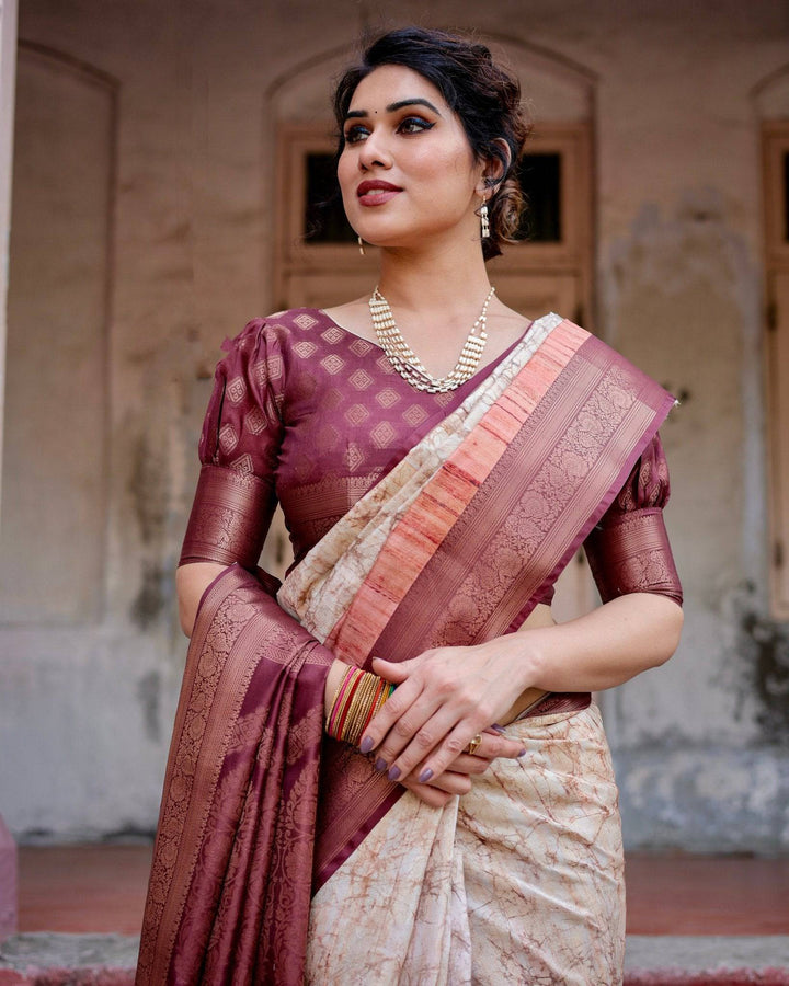 Marble-Print Banarasi Silk Saree in Deep Maroon with Zari Weaving and Tassels