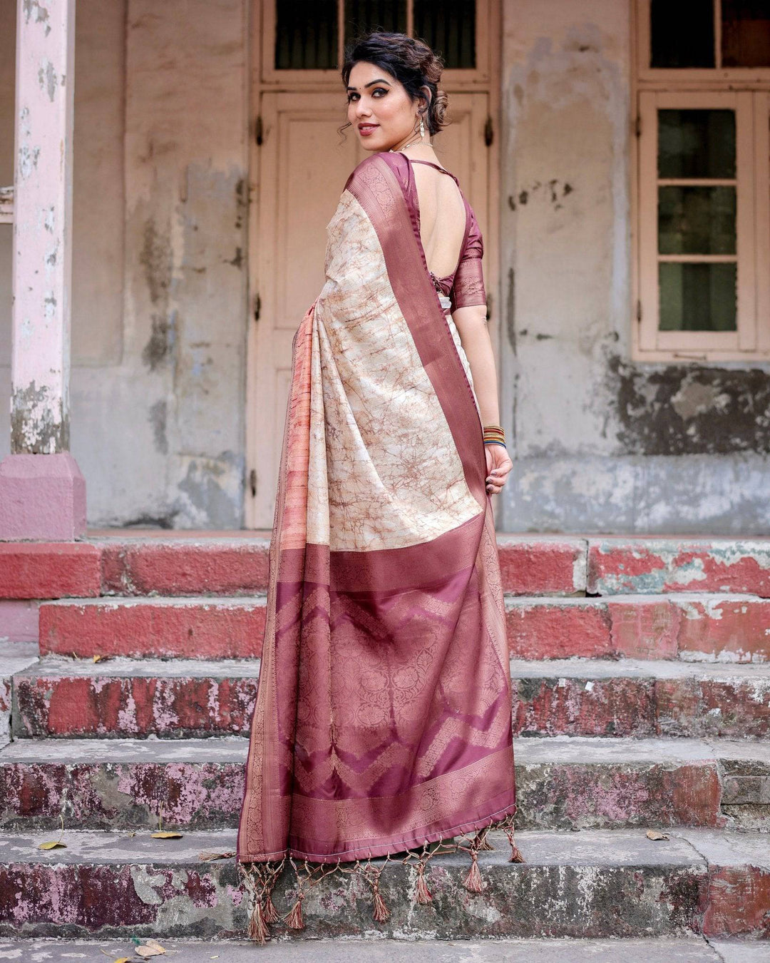 Marble-Print Banarasi Silk Saree in Deep Maroon with Zari Weaving and Tassels