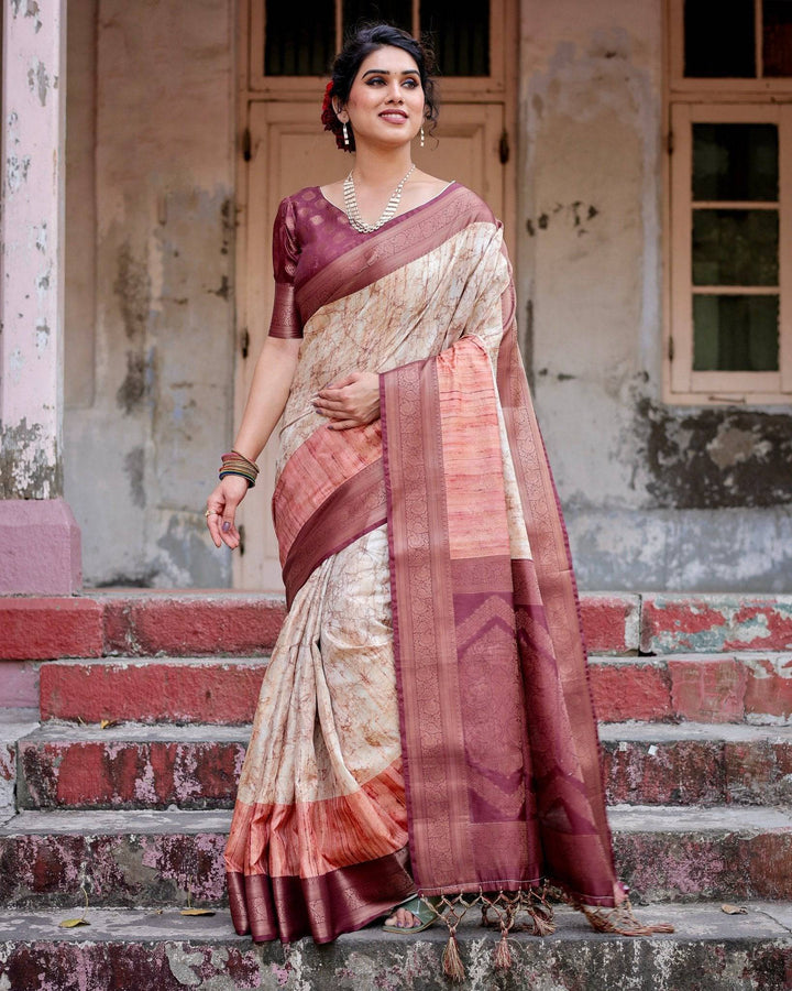 Marble-Print Banarasi Silk Saree in Deep Maroon with Zari Weaving and Tassels