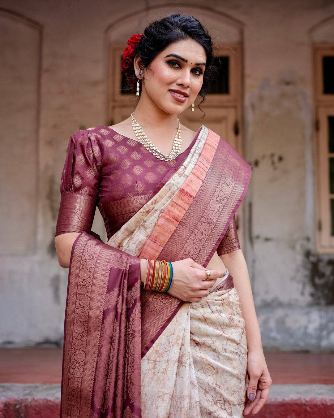 Marble-Print Banarasi Silk Saree in Deep Maroon with Zari Weaving and Tassels